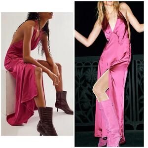 NEW Free People Boho Chic Satin Halter Maxi Dress M/L Backless Side Slit Pink